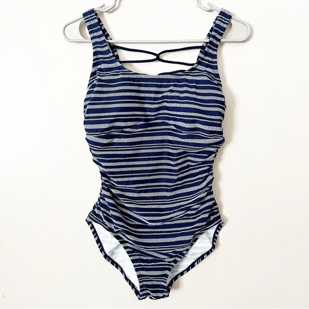 Merona Navy Blue Full Coverage One Piece Swimsuit Lace Back Medium Swim Suit M